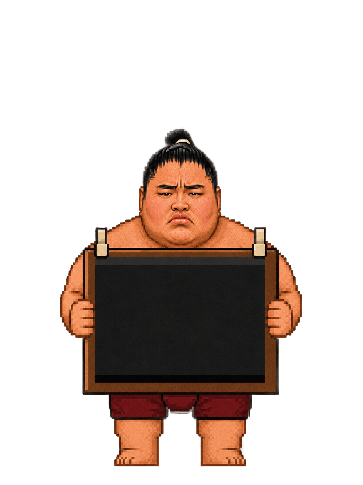 A pixel-art sumo wrestler holding up a blank wooden tournament sign